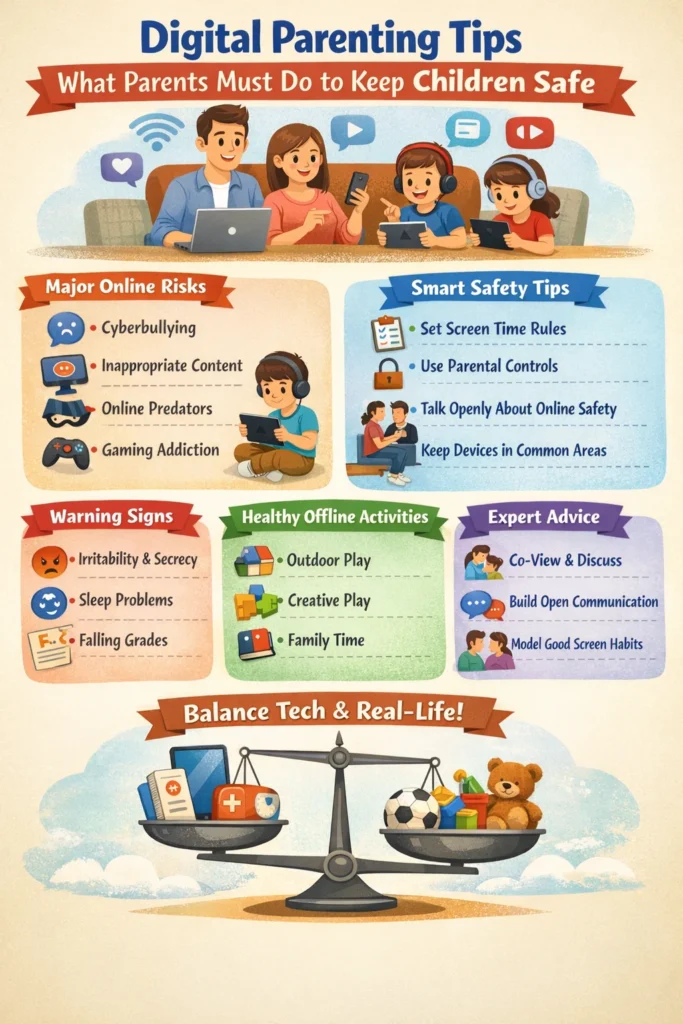 Digital parenting tips infographic about online safety and healthy screen habits for kids.